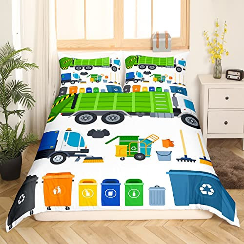 Homewish Kinder Müllwagen Bettwäsche 135x200 für Kleinkinder Jungen,Grüner LKW Bettwäsche Set,Recycling Mülltonne Müllcontainer Bettbezug für Teens Mädchen,Abfallwirtschaft Fahrzeug Bett Set,2 Stücke
