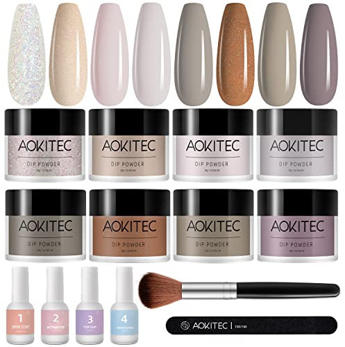 Dipping Powder Nails Set, Aokitec 14Pcs Dip Pulver Nagel Starter Kit 8 Farben Dipping Powder Acryl Nail Puder Glitzer mit Aktivator Basis-/Decklack für Nails Art Maniküre DIY Salon