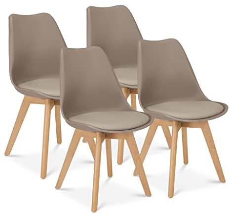 Bravich Set Of 4 Rocco Dining Chairs- Taupe. Faux Leather Upholstered Dining Chair With Natural Wooden Legs, Cushion Pad Seat & Back Support For Kitchen Table- 42 x 42 x 81cm.