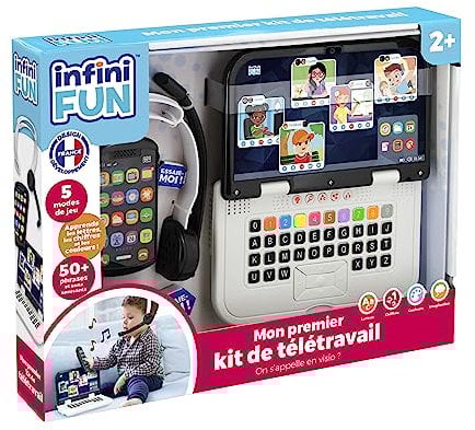 Infini Fun - Mi primer kit de teletrabajo - Teléfono, ordenador y auriculares para realizar videoconferencias como Les Grands. Juegos de imitación de aprendizaje múltiple para niños a partir de 2 años