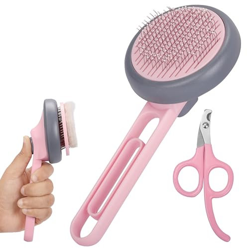 BELLE VOUS Pink Pet Grooming Set - Self-Cleaning Shedding Brush and Nail Clippers for Long/Short-Haired Cats & Dogs - Removes Loose Undercoat/Tangles