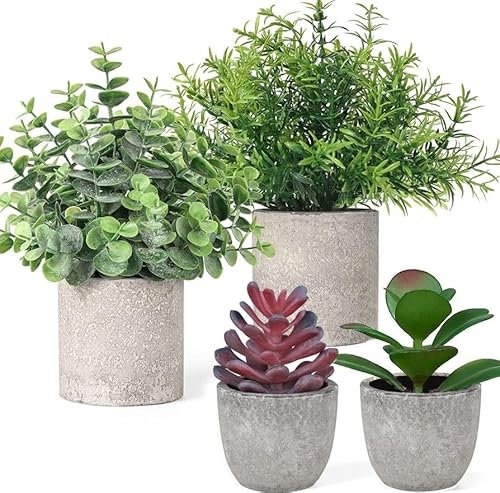 AlMuflihoon Fake Plants Set of 4 Artificial Plants Indoor Mini Pot Faux Plant Foliage Eucalyptus Rosemary Succulent for Coffee Table Home Room Decor Bedroom Office Kitchen Garden Shelf Desk & Outdoor
