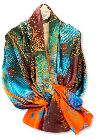 LumiSyne Seidenschal Damen Ölgemälde Blume Gedruckt Baum Muster Bunte Künstlerisch Stil Damen Seidentuch Lange Große Schals Leicht Warme Halstücher Stola Sonnencreme Kopftuch Strand Wrap Ganzjährig