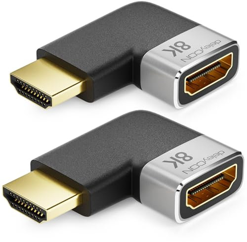 deleyCON 2 Pièces Adaptateur HDMI Connecteur de Couplage 8K@60Hz / 4K@120Hz UHD 7680x4320 Aluminium HDMI 2.1 Arc HDR10+ Dolby Vision VRR ALLM 48Gbps Angle Droit Gris Noir
