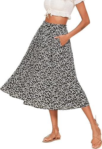 Parabler Damen Rock Chiffon Midirock Sommer Röcke mit Tasche Elastische Taille Faltenrock Elegante Strandrock Weiße Blume XL