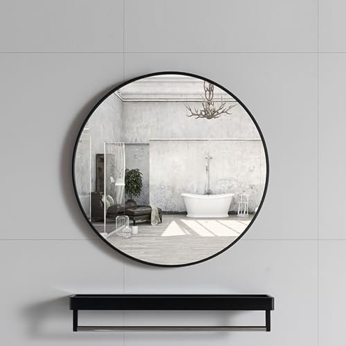 Miroir rond salle de bain,miroir salle bain tablette,miroir rond mural,miroir decoration murale,miroir arrondi,Convient pour salle de bain, salon, chambre, hall d'entrée, couloir ( Color : Black , Siz