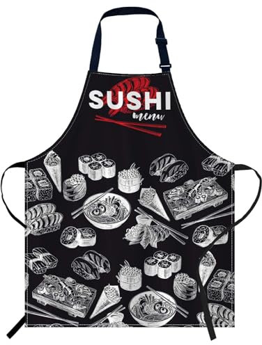 Smooffly Sushi-Bar-Menü-Schürze, verstellbare Schürze, Kochen, Küche, Koch, Damen, Herren, Schürzen für Zuhause, Küche, Restaurant, Kaffeehaus, Backen, Gartenarbeit, Grillen, Sushi-Bar-Menü, 27x31