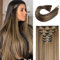 FLUFYMOOZ 6PC Clip in Hair Extensions, 6-teiliges Clip-in-Haarverlängerungsset, 61 cm, glatt, lang, Extensions für Frauen, synthetisches Haarteil (Schokoladenbraun mit blonden Highlights)