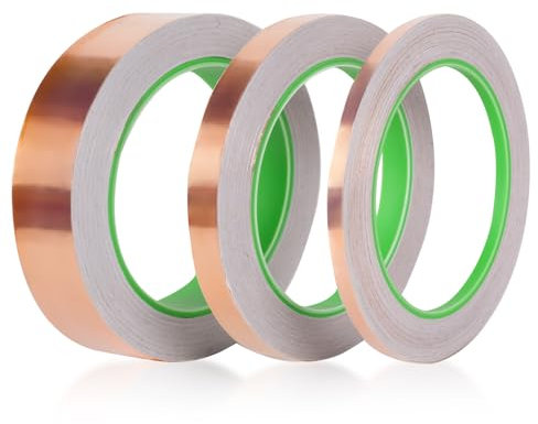 Lot de 3 rouleaux de ruban adhésif en cuivre avec adhésif conducteur pour réparations électriques, guitare, blindage EMI, artisanat, mise à la terre, vitrail (25 mm, 12 mm, 6 mm x 20 m)