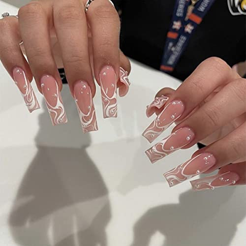 JUSTOTRY 24 Pcs Swirl Press on Nails Coffin with Pearls Designs,Pink False Nails Long,Pretty Stick on Nails for Women,Glossy French Ballerina Fake Nail Medium for Nail Art Gifts