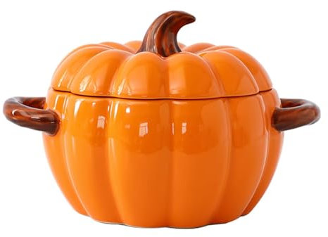 Justup Bol à soupe avec anse - En céramique - 1,9 l - Pour servir la citrouille - Bol à pâtisserie - Bol de citrouille avec couvercle - Décoration d'Halloween - Ustensile de cuisine pour la maison