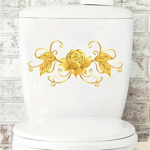 Gold Rose Flower Toilet Cover Sticker Decals,Love Rose Flower Waterproof Toilet Lid Tank Seat Decals Cistern Self-Adhesive Bathroom Wall Sticker