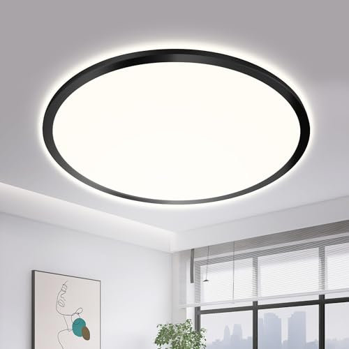 ONDTA LED Deckenleuchte Schwarz 36W, Neutralweiß 4000LM Deckenlampe Schwarz, IP44 Küchenlampe Badezimmer Lampe, Ultra Dünn LED Panel für Wohnzimmer Flur Schlafzimmer Balkon Keller Büro, Ceiling Ø57CM