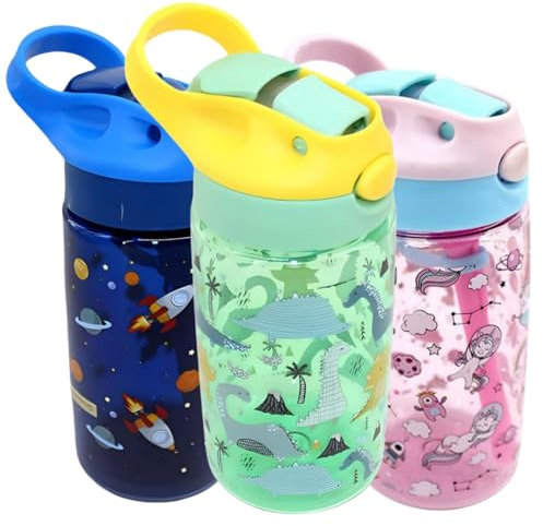MHwan Botella Agua niños, 450ml Lindo Dinosaurio Botella con Pajita niños a prueba de fugas, sin BPA, Botellas Agua niños Colegio Robusta y Duradera, Botella de Agua niños con Pajita portátil
