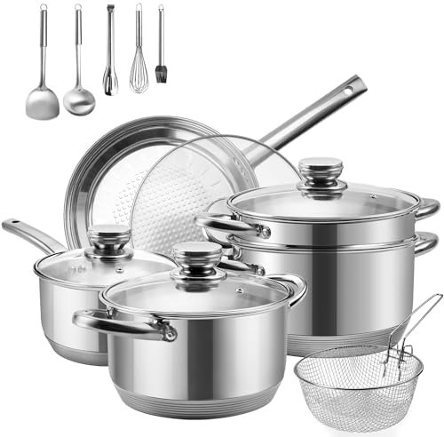 AuFranc® 15-Teilig Edelstahl Topfset mit Dampfgarer, Glasdeckeln, Schürze, Schutzpolster und Pfannenwender usw... Kochtopfset für Alle Herdarten, Backofenfest & Spülmaschinenfest, Ungiftig Topf
