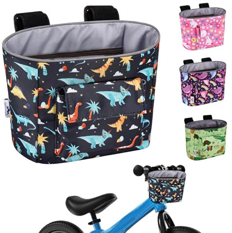 LOCAL LION Kids Bike Basket, Bike Handlebar Bag, Waterresistant Bicycle Basket, Thickened Bicycle Front Bag for Children's Balance Bike Tricycle Scooter, Blue Black-Dinosaur