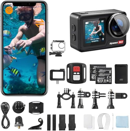 Hiicam Actionkamera Speed 50 4K60FPS 30MP WLAN mit 2-Zoll-Touchscreen, EIS (elektronische Bildstabilisierung), 5-fachem Zoom, Fernbedienung Action Cam,Vlog-Kamera with 2X 1550 mAh Akku