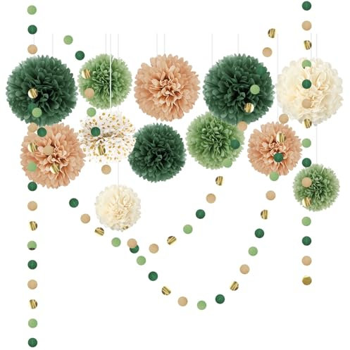 AOBKIAT Geburtstagsdeko Grün Hochzeitsdekoration,15 Stück Grün Seidenpapier Pompons,Papier Girlande Hängende Dekoration für Verlobung,Boho Hochzeit,Babyparty