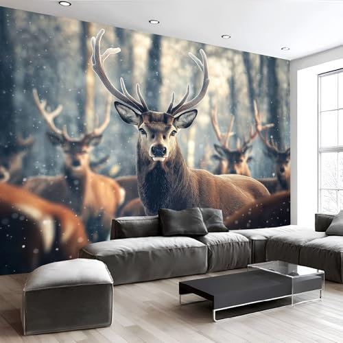 Fototapete Selbstklebend 250x180cm Selbstklebende Tapeten Wand Tapete Wandtapete klebend Klebefolie - Schneeflocke Wald Hirsch - Abnehmbare Tapete