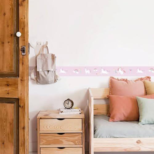 FUNLIFE 2 Rouleaux 200CMX10CM Frise murale adhesive, Papier peint adhesif mural étanche DIY Plinthe Frise murale autocollante Salon chambre enfant decoration murale Licornes roses et arcs-en-ciel