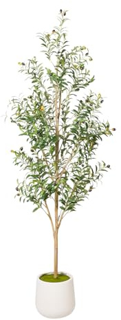 Künstlicher Olivenbaum mit weißem Topf – Kunst-Olivenbaum für Wohnzimmer-Deko, große Kunstpflanzen für Innenräume, realistischer Stamm, Blätter & Früchte, Büro-Dekoration (180CM)