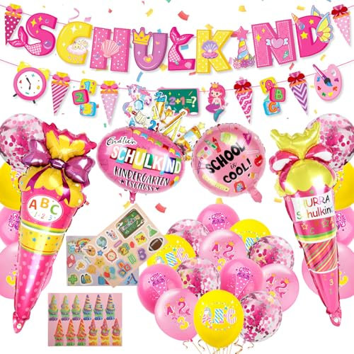 CUTLOT SCHULKIND 2025 Deko Einschulung Mädchen, SCHULKIND Banner, Dinosaurier Banner, 22 Latexballons, 4 Folienballon, 3 Aufkleber Schulanfang Schuleinführung Deko