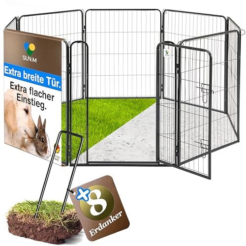 SUN-M Welpenauslauf 80cm hoch 8-teilig faltbar mit Tür, Hundezaun Welpengitter, werkzeugfreier Aufbau, Laufstall Freigehege inkl. Erdanker& Steckbolzen, Hundegitter, Welpenzaun,Freilaufgehege Hund