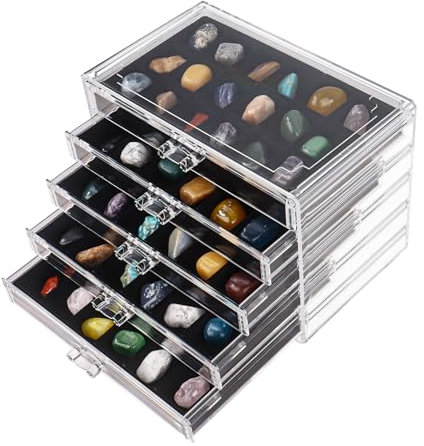 Dmnnlp Rock Display Case, 5 Drawers 90 Grids Acrylic Rock Collection Box, Storage Cases for Small Rocks Gemstone Fossil Crystal Stone Jewellery Collectibles (Black)
