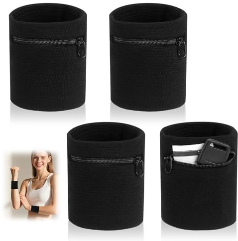 4 Stück Schweißband Sport Wristband, Handgelenktasche mit Praktischer Reißverschlusstasche, Schweißband Handgelenk mit Tasche, Baumwoll Schweißband Arm für Fußball,Basketball und Tennis Sport