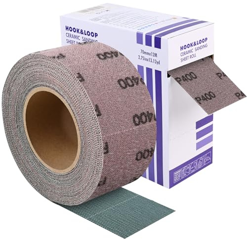 Shineboc 70mmx12m Grano 400 Rollo de Lija Autoadhesivo Rollo para Lijadora | Corindón Zirconio, Autoadhesivo, Antiatascamiento, Precortado, Resistente al Calor, Multimaterial, Eliminación Rápida
