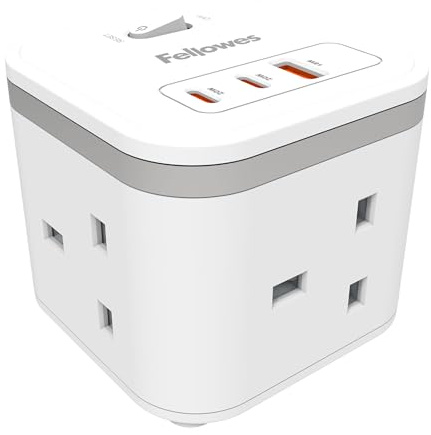Fellowes Power Cube – Compact Extension Lead with 3 UK Sockets, 2 USB-C, 1 USB-A, 2m Cable & On/Off Switch – Space-Saving Multi-Port Charger for Desk, Home or Office – White