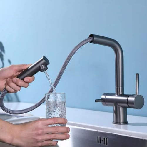 3 Wege Küchenarmatur Ausziehbar Messing Mischbatterie Schwenkbar Teleskop Design Einloch Gold Küchenspüle Wasserhahn Modern & Elegant Wasserhahn für Zuhause