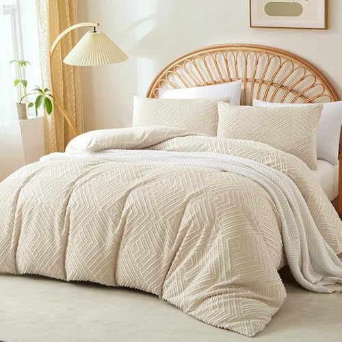 Nyescasa Housse de Couette Bohème Beige 240x260 Tuftée Motif à Carreaux Vichy Moderne Parure de lit Adulte 2 Personnes en Microfibre Linge de lit avec Fermeture Éclair et 2 Taies d'oreiller 65x65 cm