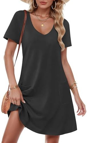 MOLERANI Dresses for Women UK - V Neck Summer Dress Short Sleeve Midi Dress with Pockets S-2XL
