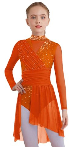 inlzdz Flicka glitter konståkning klänning långärmad klänning dansklänning stående krage tröja leotard rygglös elegant dans outfit för tävlingsscener