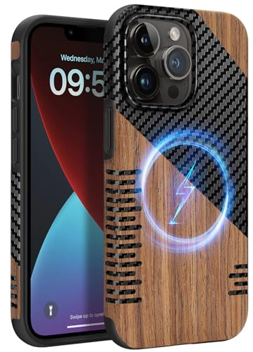 ZZDZZ Magnetisch Hülle für iPhone 13 Pro Max Hülle 6,7 (Twill Holz) | ZZDZZ Hülle [Kompatibel mit MagSafe] Holz und Carbon Leder Design Handyhülle Stoßfest Schutzhülle