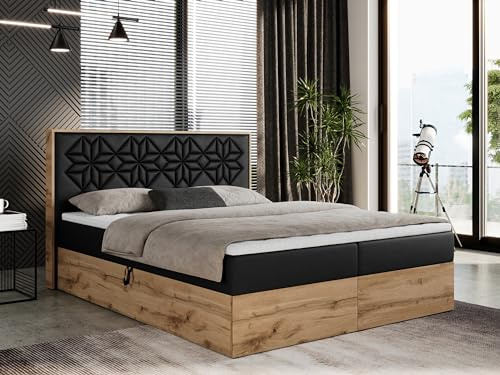 MKS MEBLE Boxspringbett 200x200 cm mit Bettkasten und Kopfteil, Polsterbett mit Matratze H3 und Topper Visco, Boxspringbett mit Massivholz - Nessi - Schwarz Kunstleder