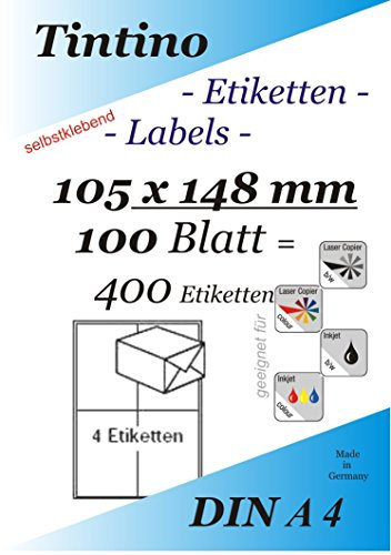 Etiketten 105 x 148-4 Stueck auf A4-100 Blatt DIN A4 selbstklebende Etiketten DHL Post 3483 6120 4476 c105148