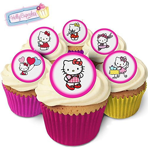 Holly Cupcakes 24 Hello Kitty Kuchendekorationen: 12 Designs, Pink, Geburtstag, 24 Stück, 45 mm Durchmesser, Essbares Reispapier