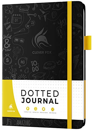 Clever Fox Dotted Journal 2.0 – Kompaktes Planungs- und Skizziernotizbuch mit Punktraster 120 g/m² dickes, nicht ausgelaufenes Papier – Planer mit Stiftschlaufe, Tasche, Bändern, Aufklebern – A5 –