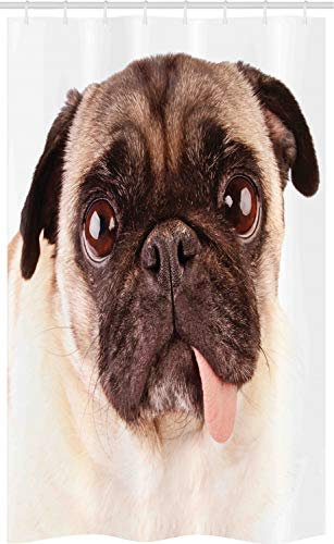 ABAKUHAUS Mops Schmaler Duschvorhang, Upset Hund Sad Eyed Pet, Badezimmer Deko Set aus Stoff mit Haken, 120 x 180 cm, Braun