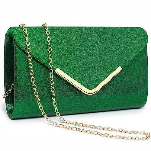 Dasein Borsa da sera da donna, pochette formale per matrimoni, feste, balli studenteschi, con tracolla e patta glitterata, Verde con hardware color oro, Normal