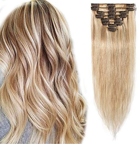 Elailite Clip in Hair Extension Real Human Hair Remy Natural Hair - 8 Pieces (Thin Weft) Full Head Straight - #18/613 Ash Blonde Mix Bleach Blonde - 10 Inch (50 g)