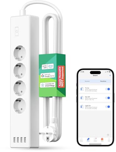 Meross 4000W Ciabatta Elettrica WiFi Smart Alexa, Multipresa Controllo Vocale con 4 Schuko 4 Porte USB, Risparmio Energetico, Protezione da Sovraccarico Compatibile con Google Home