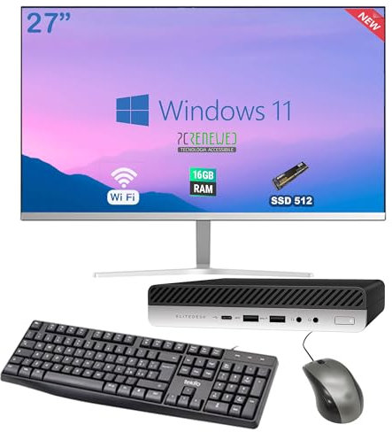 Postazione Completa Mini PC Computer Desktop fisso Windows 11 Pro + Office 2021, Intel I5 8400, Ram 16GB DDR4 SSD 512GB Wi Fi Monitor 27 NEW CASSE INTEGRATE (Ricondizionato)
