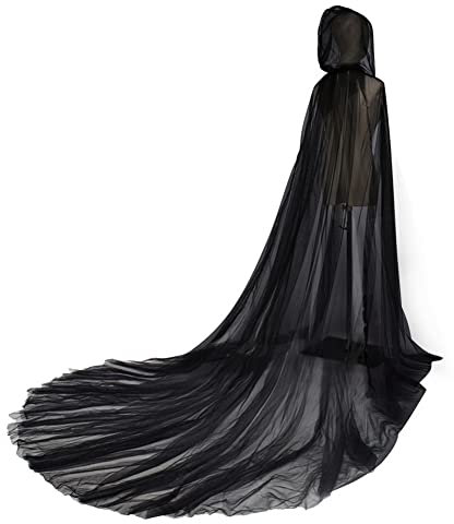 Proumhang Tüll-Kapuzenmantel in voller Länge für Frauen und Mädchen,Einfarbiger Halloween-Retro-Umhang,Vampir-Brautkleid,Böser Hexen-Gothic-Umhang,Einheitsgröße,Schwarz