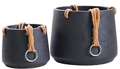 Copenhagen Matt Black Ceramic Hanging Plant Pot Set of 2 - Includes Hanging Rope - Ceramic Cement Hanging Planters for Indoor & Outdoors - Textured Effect - Large & Medium Plant Pots…