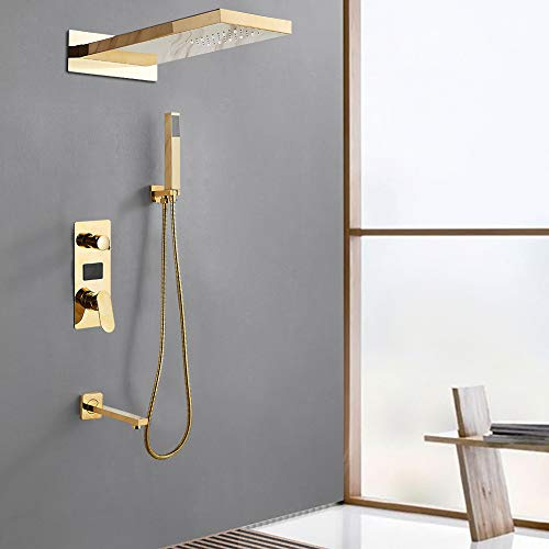 Morden Unterputz Duschsystem Unterputz Brausegarnitur Thermostat Regenbrausegarnitur mit Handbrause LCD Temperaturanzeige 3 Funktionen Messing für Badewannen (Gold)