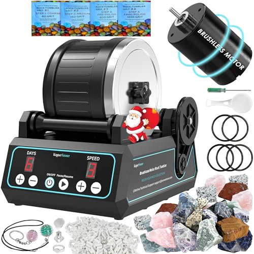 KomeStone K1 Pro Professional Cutting-Edge Brushless Motor Advanced Rock Tumbler Polisher Kit, Extra Large 2.5Lb Barrel with 3-Speed Motor 9-Day Timer, 6 Belts, Rough Gemstones, 4 Polishing Grits etc.