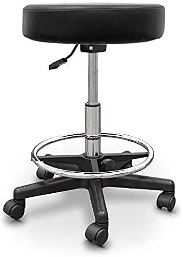 QUIRUMED Verstellbarer Polsterhocker, mit Fußstützenring, verstellbar und Gashöhenverstellung, Schwarze Farbe, Kunstleder, drehbar, bis 135 kg